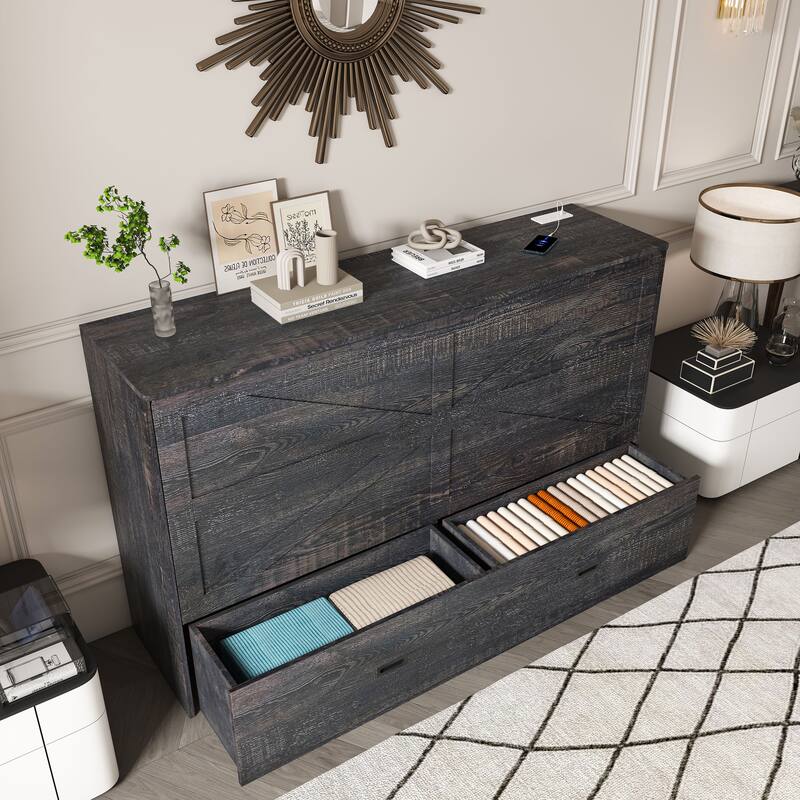 Full Size Murphy Bed, with Storage Drawers and Charging Cabinet, with Foldable Panels, with Swivel Wheels, Noise-Free