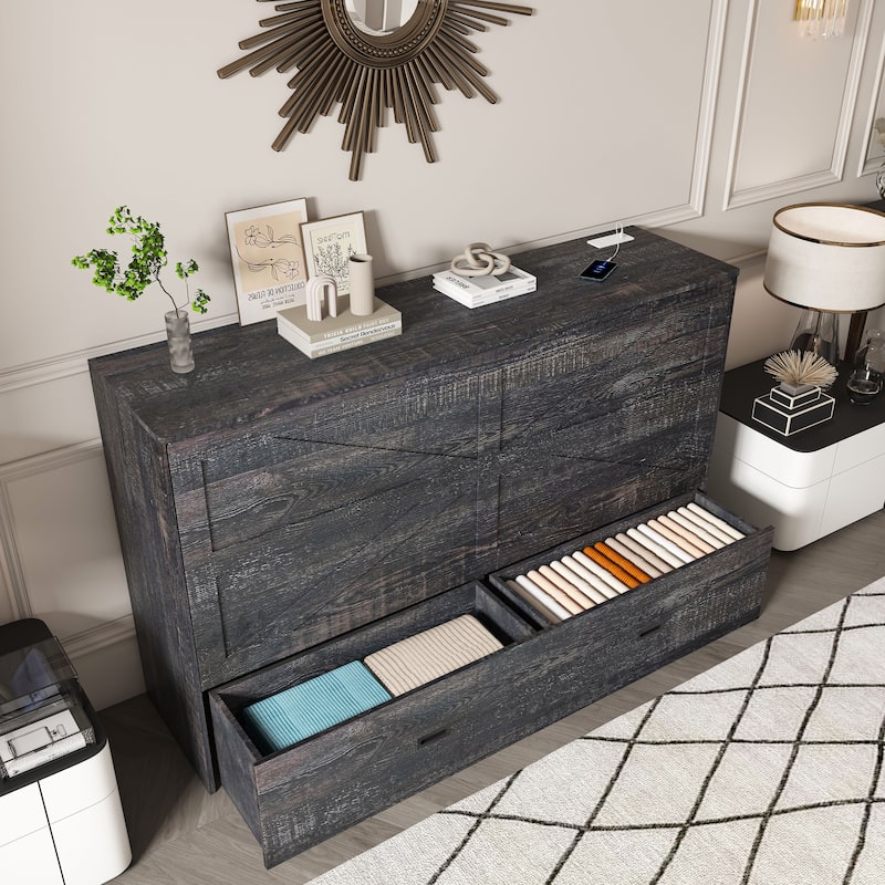 Hidden Folding Murphy Bed with Storage Drawers/Charging Station/Foldable Mattress/Full Size Mobile Cabinet Bed Frame/Noise-free