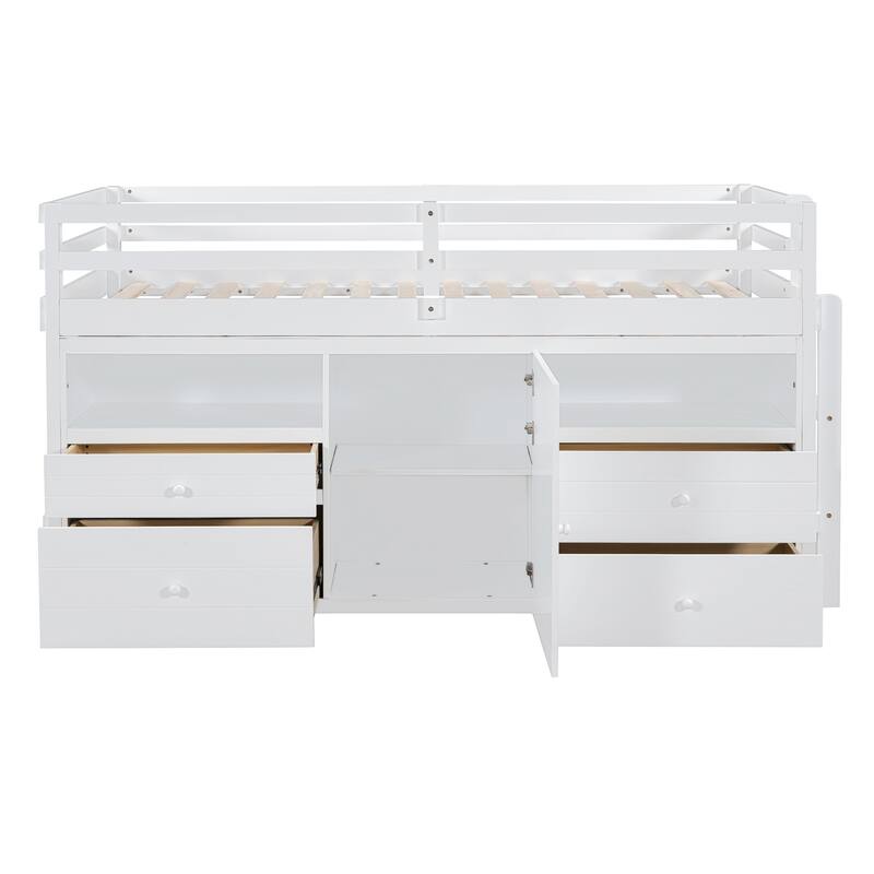 Twin Size Solid Wood Loft Bed with 4 Drawers, Underneath Cabinet and Shelves