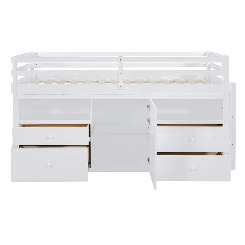 White Twin Size Solid Wood Loft Bed with 4 Drawers, Underneath Cabinet and Shelves
