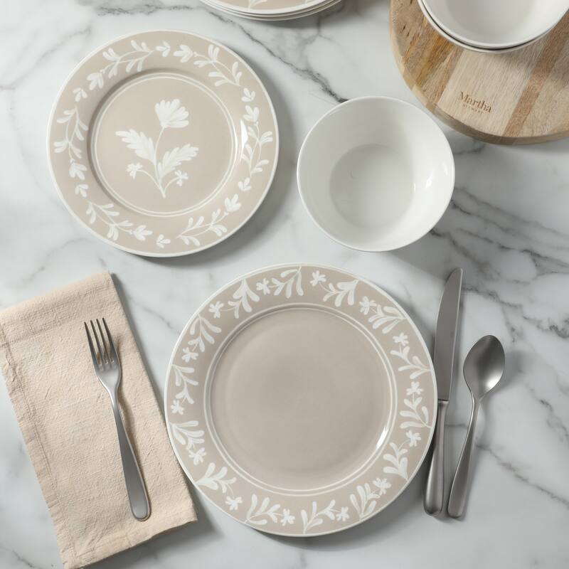 Martha Stewart Maiden Crown 12-Piece Dinnerware Set - Vegan Bone China Ceramic Plates & Bowls - Floral Design - Service for 4