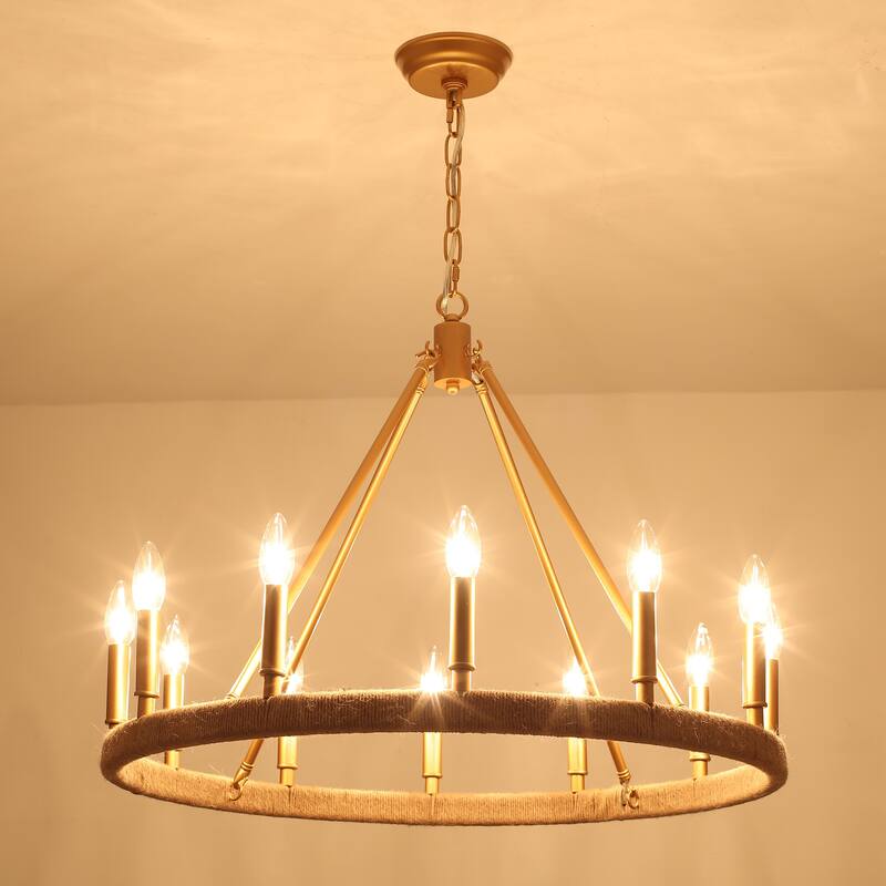 12-Light W26.77" x H78.74" Hemp Rope Wagon Wheel Chandelier for Living Room