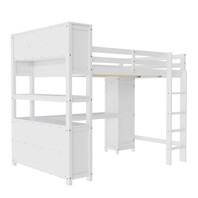 All-in-One Queen Size Loft Bed with L Shape Desk, Bookcase Headboard, Storage Cabinet and Built-in Wardrobe with Hanging Pole