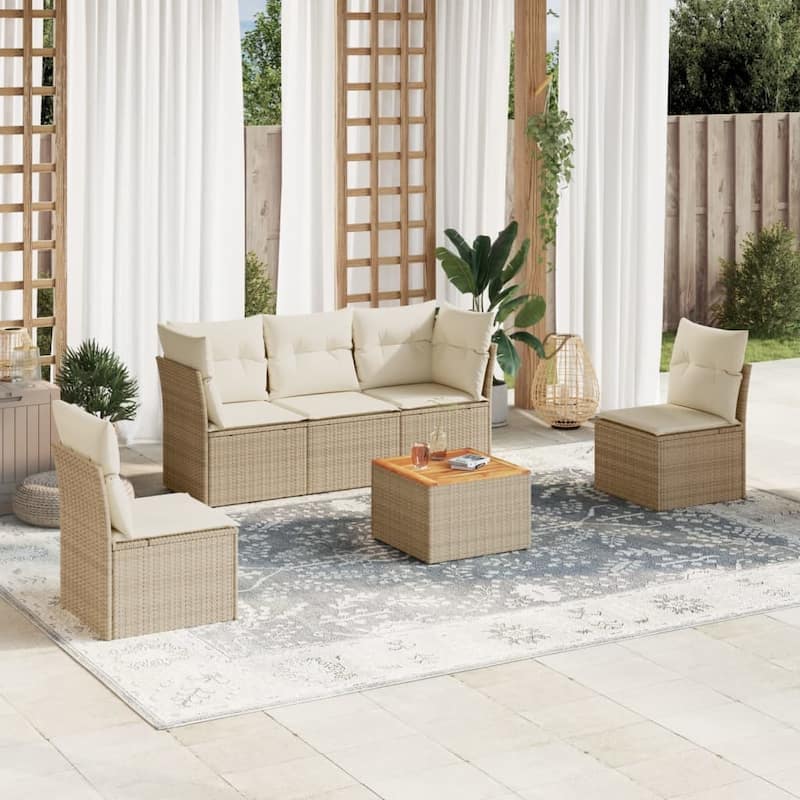 vidaXL Patio Sofa Set with Cushions Outdoor Furniture 6 Piece Poly Rattan - 21.7 x 21.7 x 14.6 - Beige and cream