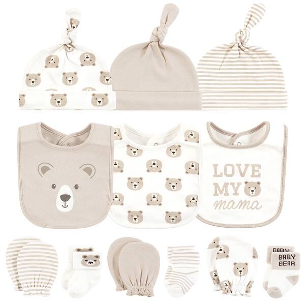 slide 1 of 1, Hudson Baby Caps or Headbands, Bibs, Mittens and Socks 12pc Set, Taupe Bear, 0-6 Months - Taupe Bear Taupe Bear - 0-6 Months