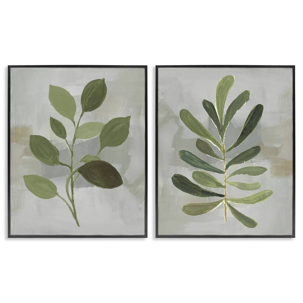 Stupell Green Leaf Branches on Grey Framed Giclee Art Design By Lanie Loreth (Set of 2)