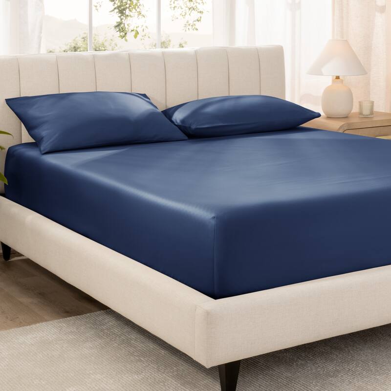 Bare Home Organic Cotton Fitted Sheet - Smoth Sateen Weave - Queen - Dark Blue