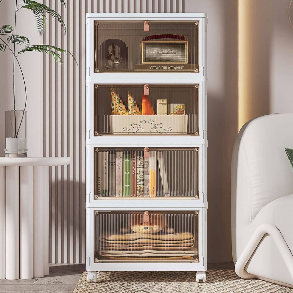 4 Tier Plastic Storage Bins Stackable Storage Containers with Wheels Folding Storage Boxes Closet Organizers - 3-Tier