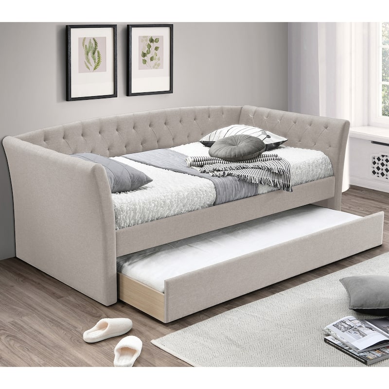 Burlap Upholstered Day Bed With Trundle