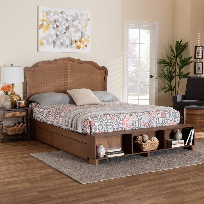 Latrell Mid-Century Walnut Brown Wood and Rattan Storage Bed
