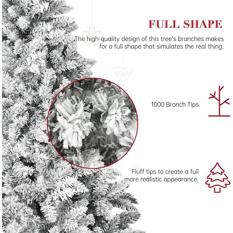 6ft-7ft Artificial Snow Flocked Christmas Tree with Metal Stable Stand Base for Indoor and Outdoor Holiday Decoration