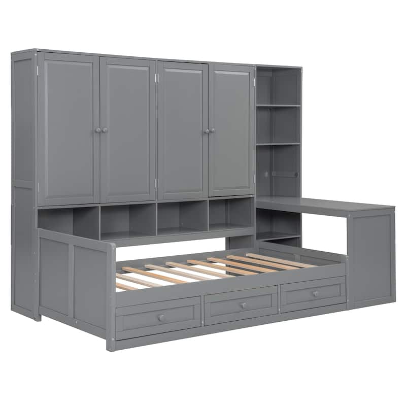Full or Twin Size Wooden Daybed - 3 Drawers + All-in-One Cabinet, Desk & Shelves, Multi-Functional Furniture Piece