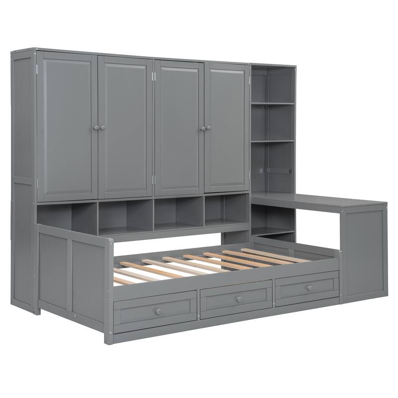 Modern Twin Daybed with All-in-One Cabinet, Desk Wooden Daybed Sofa Bed Frame with 3 Drawers, Multi-Functional Headboard