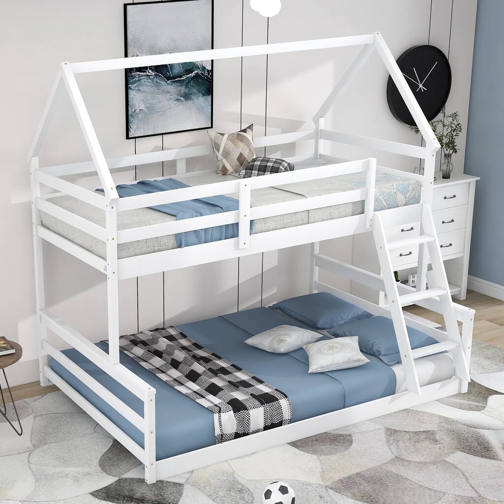 Space-Saving Twin Over Full House Bunk Bed with Guardrail and Ladder, No Box Spring Needed