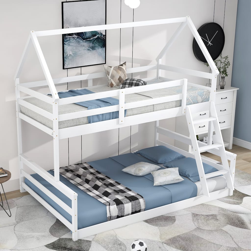 White Twin Size Pine Wood House Design Bunk Bed with Built-in Ladder and Guardrail, Converts to Separate Beds