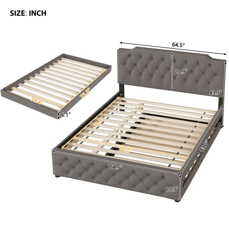 Linen Upholstered Platform Bed Button-Tufted Headboard Wood Panel Bed Frame with 2 Drawers or Trundle Bed, USB on Both Sides