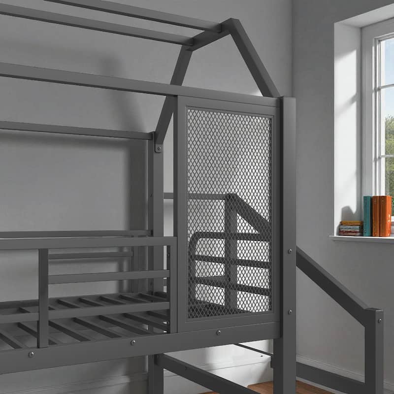 Twin/Full Metal House Loft Bed with Slide and Stairs, Kids Playhouse Bed with Roof, Storage Shelves & Guardrails