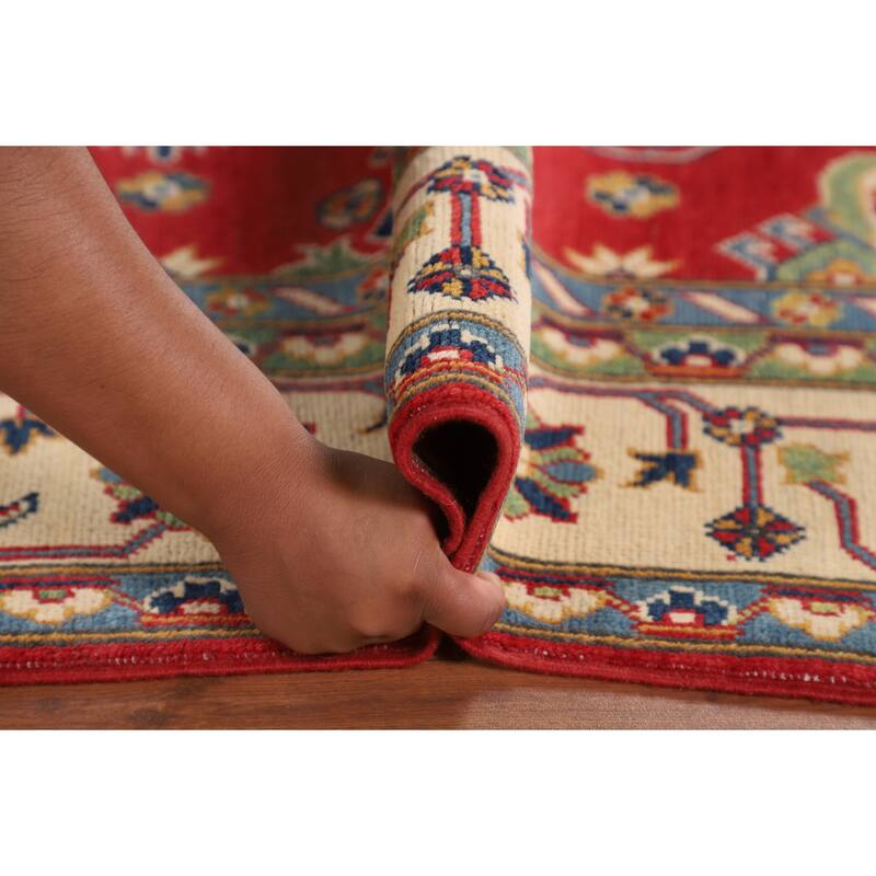 Geometric Red Kazak Area Rug Living Room Hand-Knotted Wool Carpet - 6'8" x 10'3"