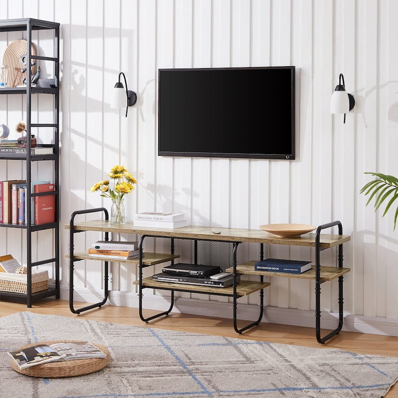 VECELO 55/63/71 Inch Industrial TV Stand with Open Storage for TV up to 71 inch Entertainment Center TV Console Table - 63 inches - Grey