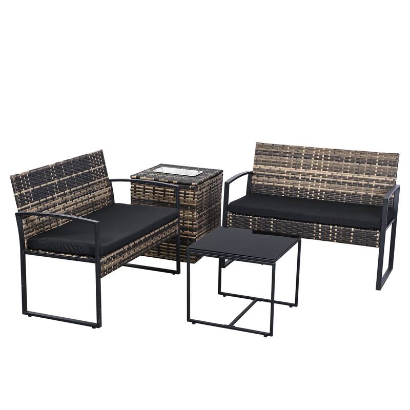 4 Piece Outdoor PE Wicker Furniture Set, Patio Brown Rattan Sectional Sofa Couch with Washable Cushions