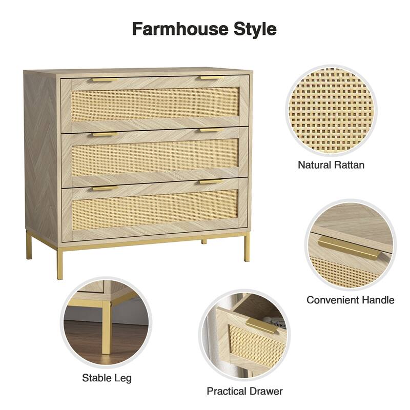 Anmytek Modern 3-Drawer Wood Rattan Dresser Chest of Drawers Storage Cabinet for Bedroom Living Room