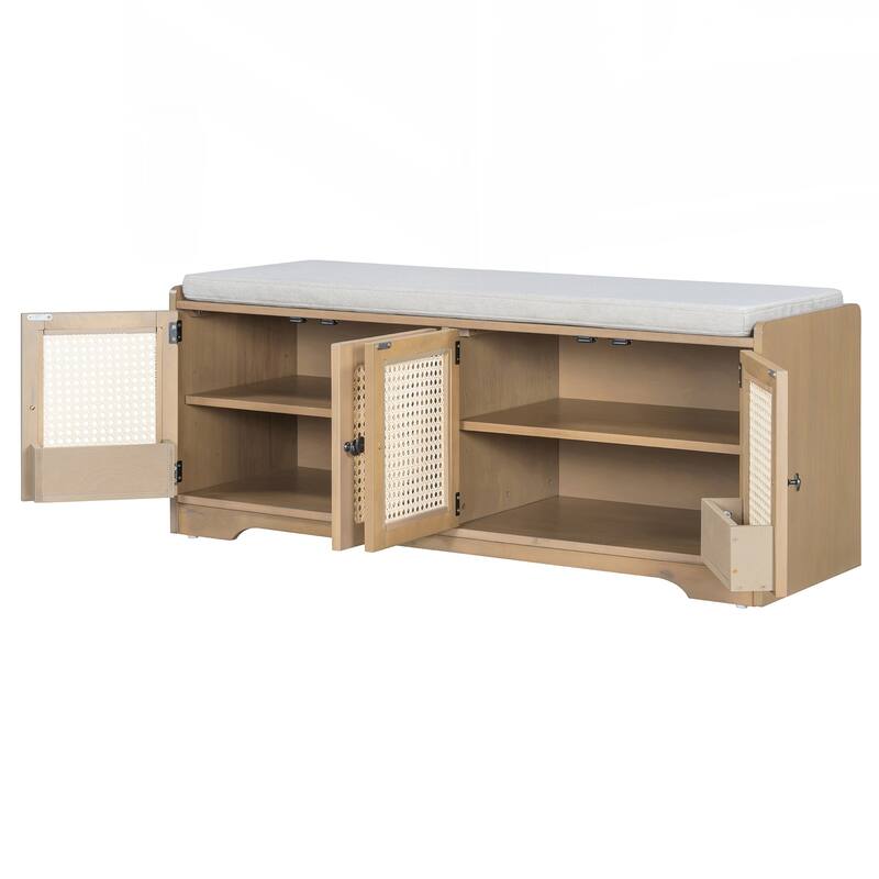 Rustic Storage Bench Multifunctional Wood Entryway Shoe Bench with Removable Cushion, Woven Rattan Doors & Adjustable Shelves