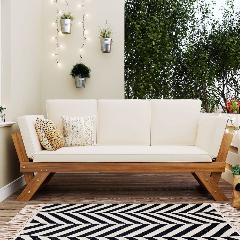 Outdoor Adjustable Patio Wooden Daybed, Sofa Chaise Lounge for Small Places - Oak