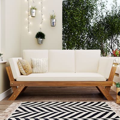 Outdoor Adjustable Patio Wooden Daybed, Sofa Chaise Lounge for Small Places