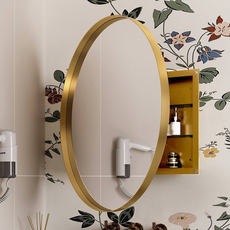 31.5 Inch Surface Mount Round Metal Framed Medicine Cabinet with Mirror and Adjustable Shelves Black Wall Mirror with Storage