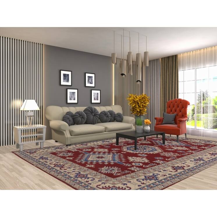 Geometric Red Kazak Area Rug Wool Carpet - 8'0" x 11'8"