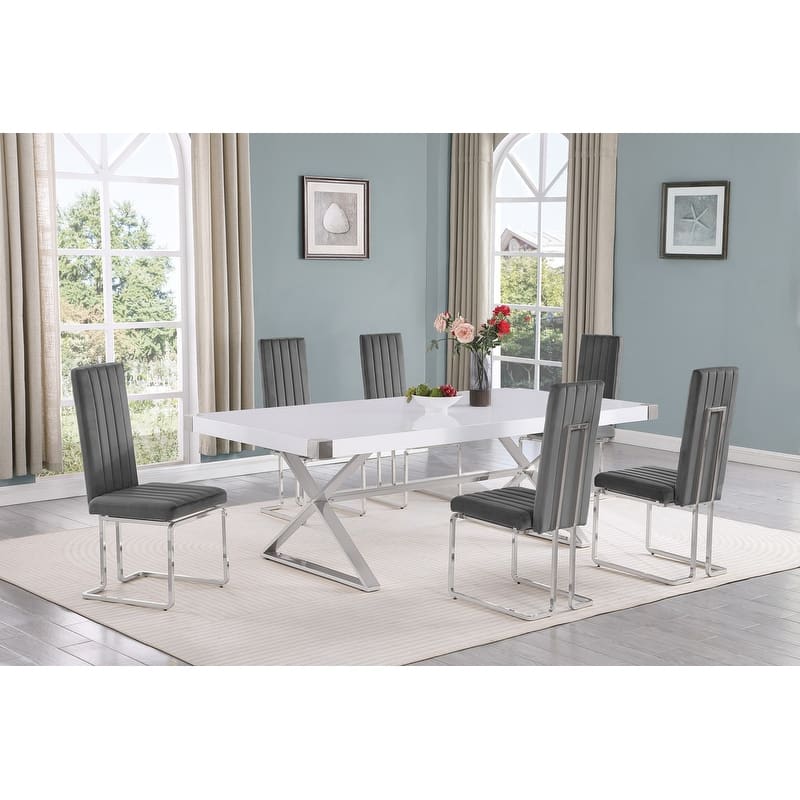 Best Quality Furniture D442/3-SC340-7 Dining Set with 94" White Lacquer Wood Top