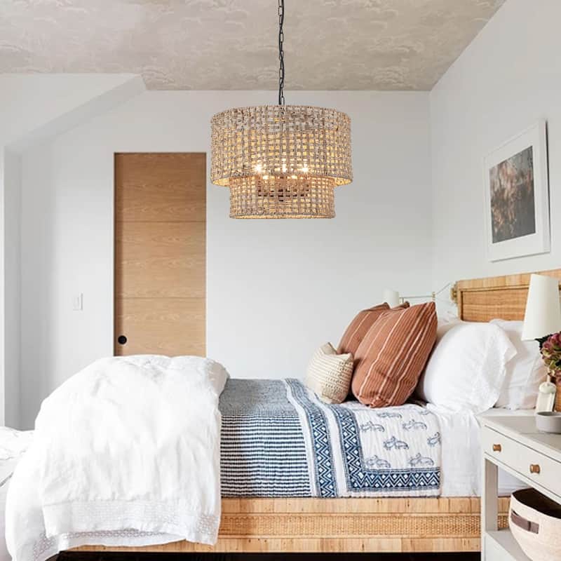 5-Light Metal 2-Tier Traditional Linear Drum Chandelier Pendant Light with Rattan Shade for Kitchen Island Dining Room