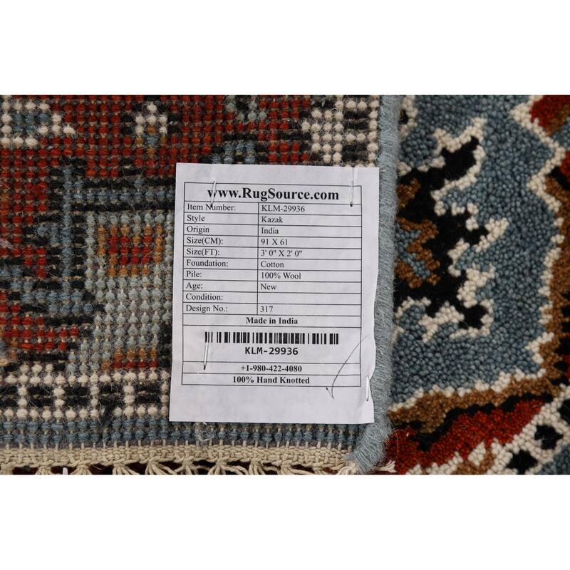 Geometric Blue Kazak Indian Foyer Rug Hand-Knotted Wool Carpet - 2'0" x 3'0"
