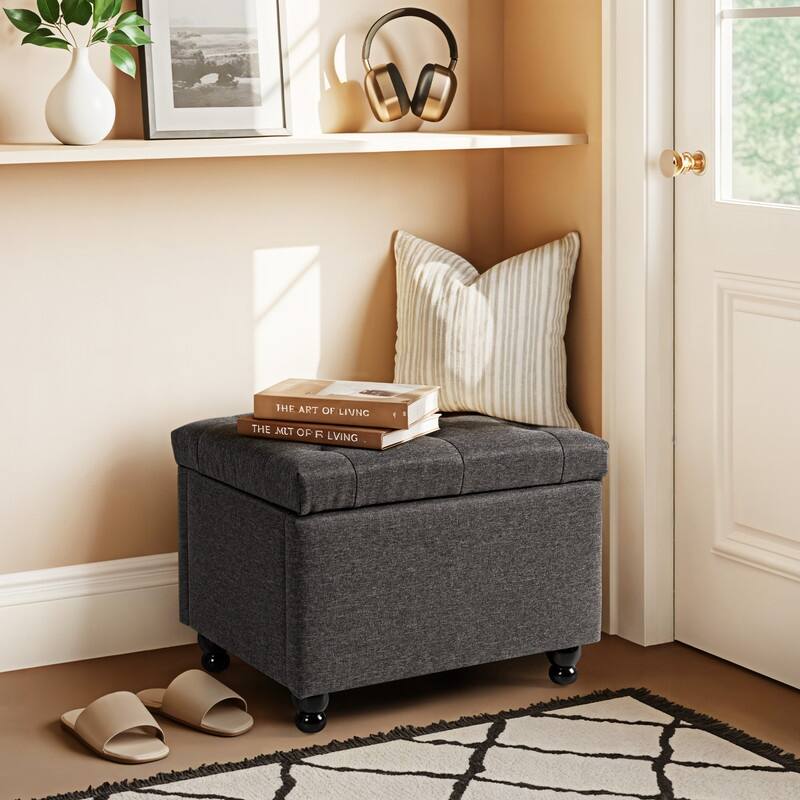 24" Faux Linen Rectangle Storage Ottoman, Shoe Stool for Entryway - Dark Grey