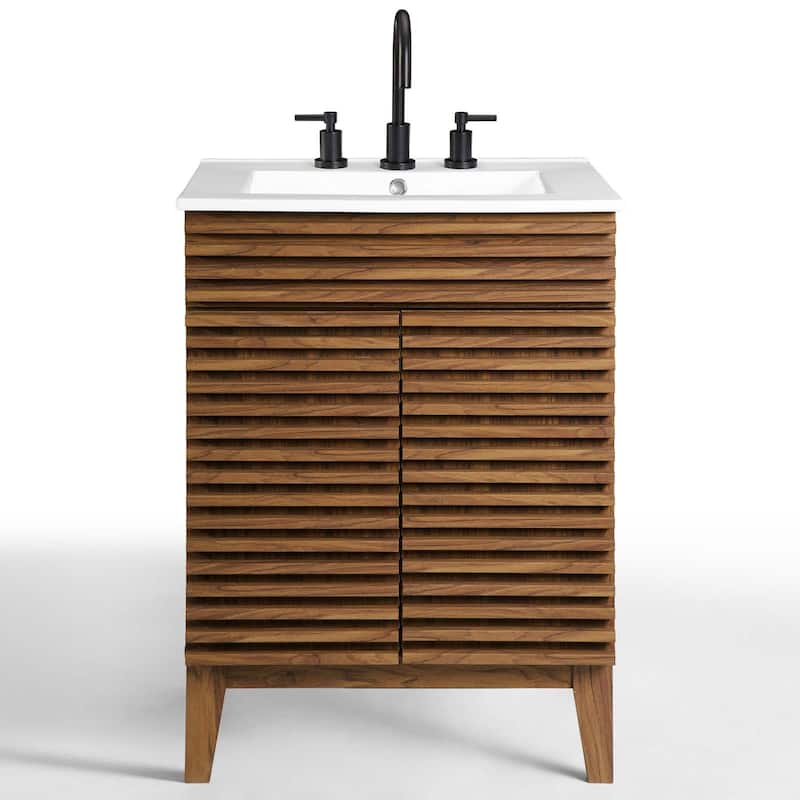 Render 24 Inch Mid-Century Bathroom Vanity With Sink in Walnut White