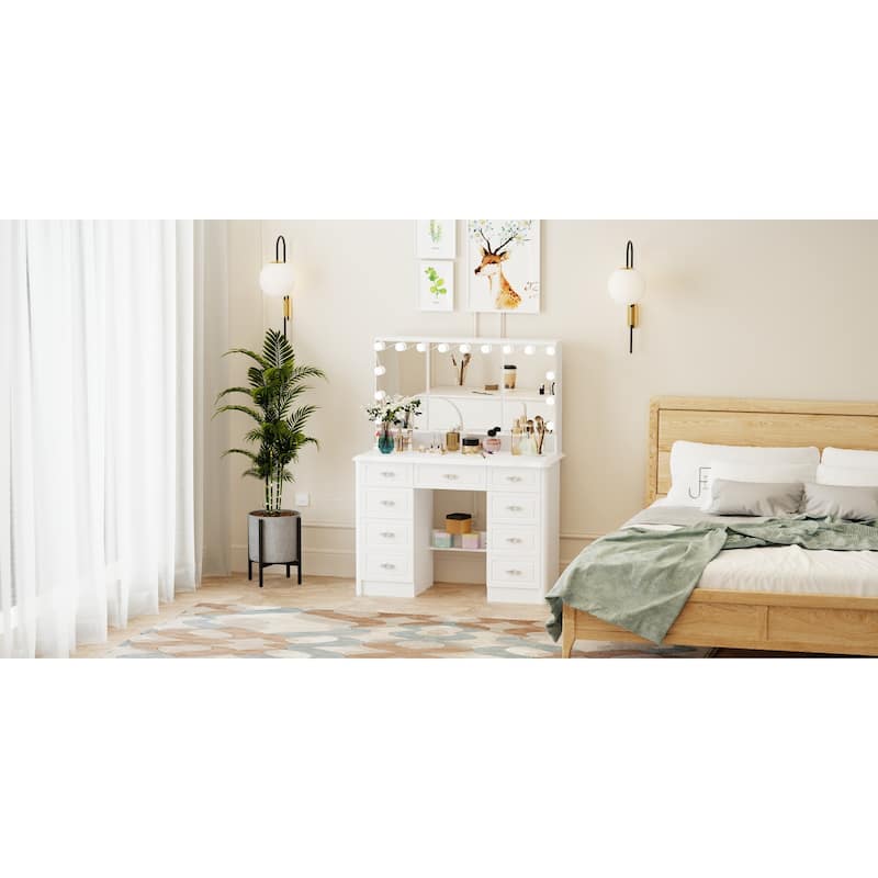40.2"W White Makeup Table Dressing Desk Tri-Fold Mirror Silent Drawers