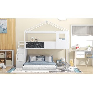 Twin over Full House Bunk Bed with Storage Staircase and Blackboard ...