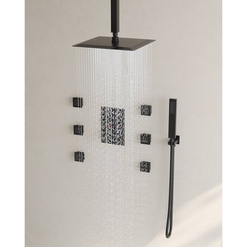 Shower System 12" Ceiling Rain Shower Head with 3-Way Thermostatic Faucet & Body Jets