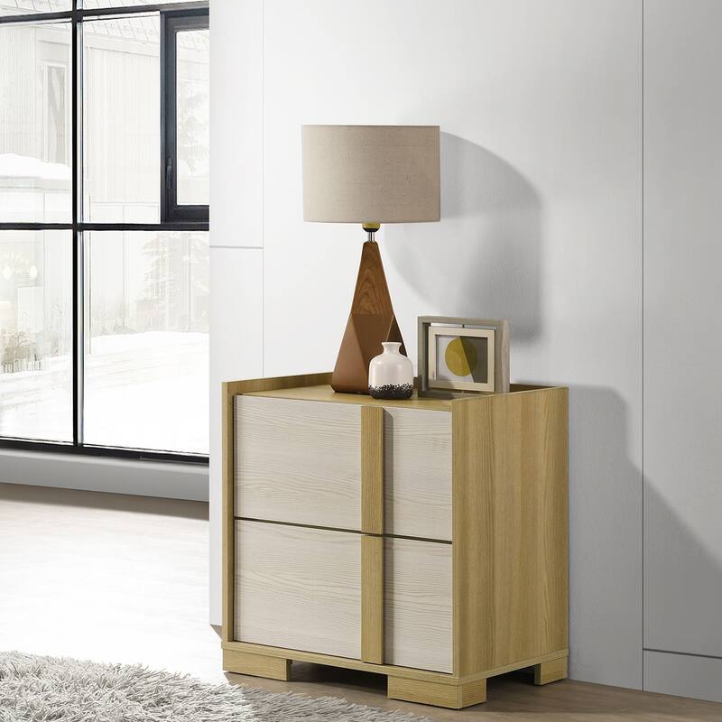 Natural Wood 2-Drawer Nightstand with White Melamine Panels - Natural