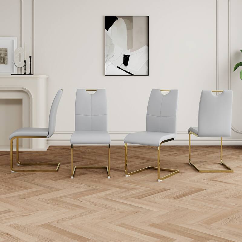 Modern Set of 4 Dining Chairs with Leather Cushioned Seat, Chrome Metal Legs, for Dining Room, Living Room, and Bedroom