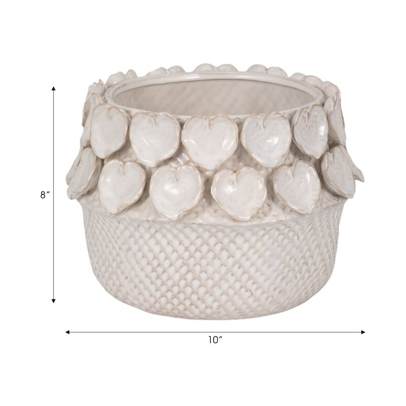 Stoneware Planter with Sculpted Leaf Accents and Textured Detailing