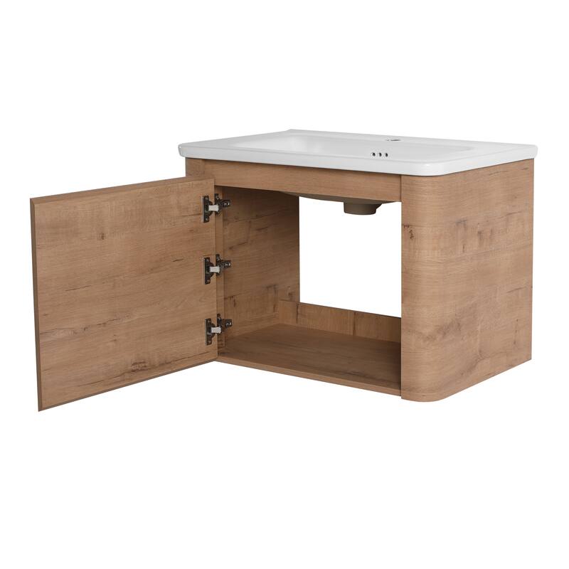 28'' Wall-Mounted Bathroom Vanity with White Ceramic Sink & 1-Soft-Close Door, KD-Packing, Plywood