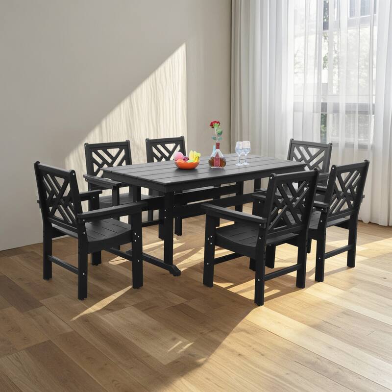 7 Piece Patio Outdoor Furniture Set, Garden Outdoor Dining Table Set with 6 Chairs, Dining Table with Umbrella Hole