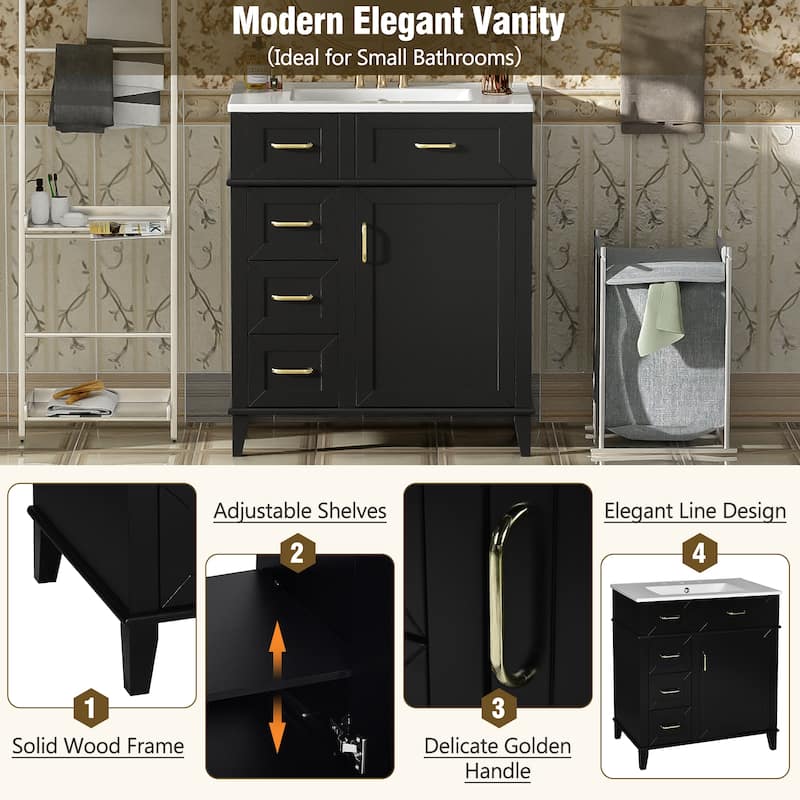 30" Bathroom Vanity with Ceramic Sink, Adjustable Shelf, Soft Close Door, and Three Soft Close Drawers