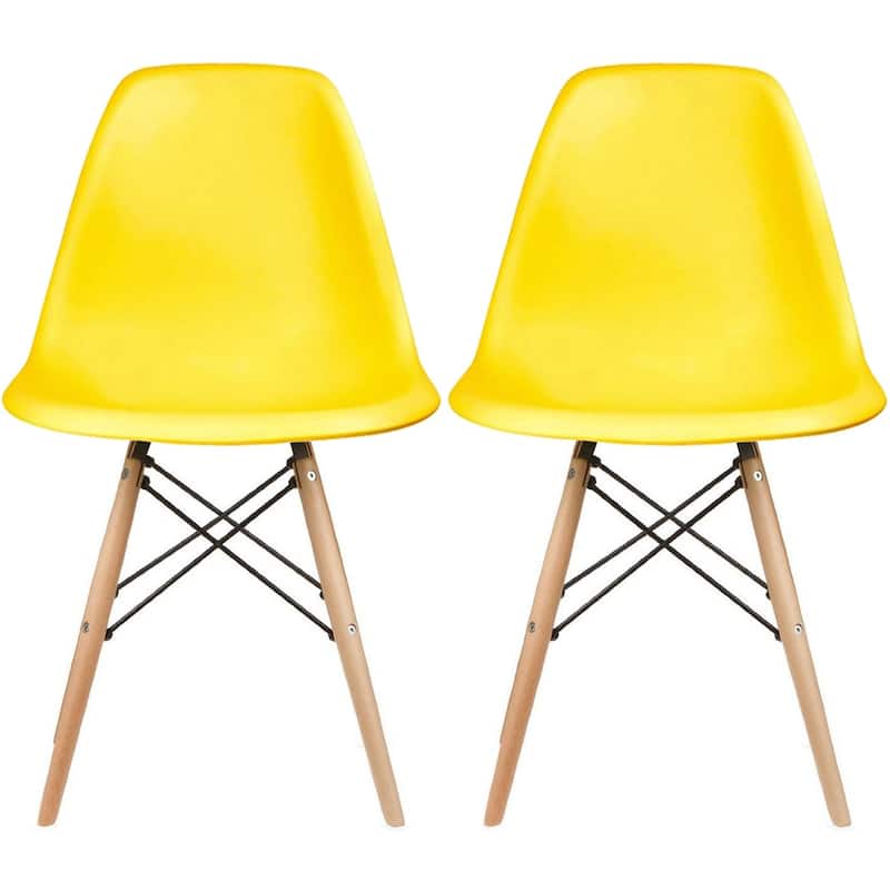 Set of 2 Mid-Century Modern Dining Chairs Armless Plastic Shell Seat with Natural Wooden Eiffel Leg Base, Red - Yellow