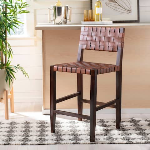 SAFAVIEH 24- Inch Paxton Woven Leather Counter stool -Cognac / Walnut - 18"w x 20"d x 36" h