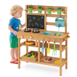 Gymax Kids Mud Kitchen w/Faucet Removable Sinks Chalkboard Stovetops