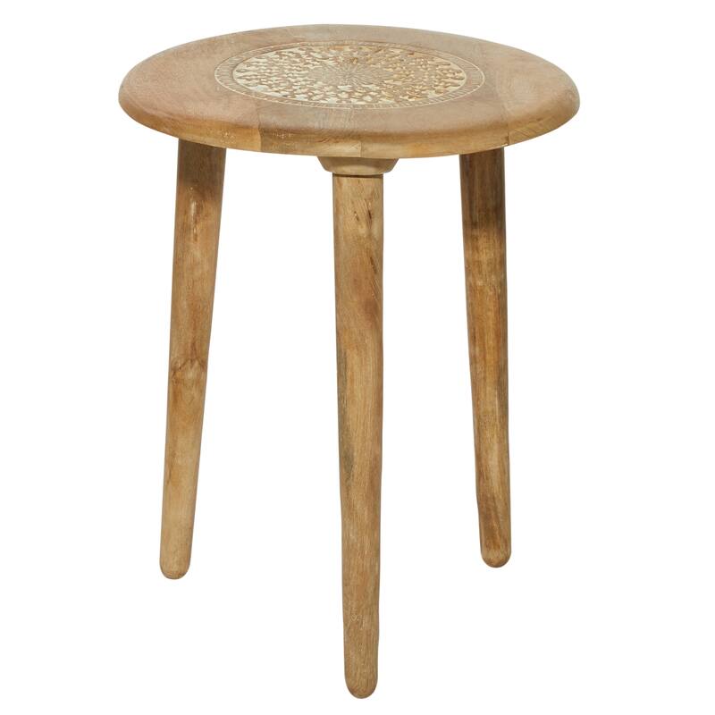 Mango Wood Handmade Intricately Carved Floral Accent Table with Tripod Legs - Dark Brown, White, Brown