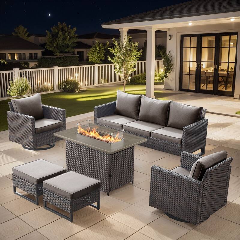 Outdoor Sofa 2 Swivel Chairs Ottomans and Fire Pit Table - Brown - Grey