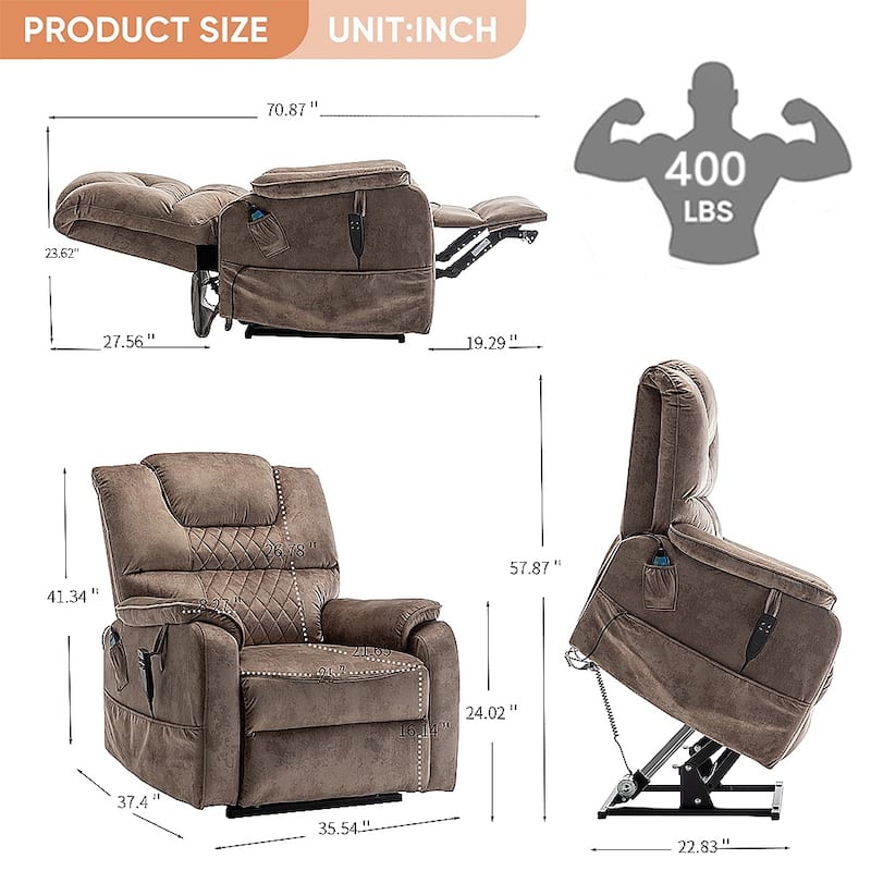 35.5"W Dual Electric Power Lift Recliner,Massage&Heat,180 degrees